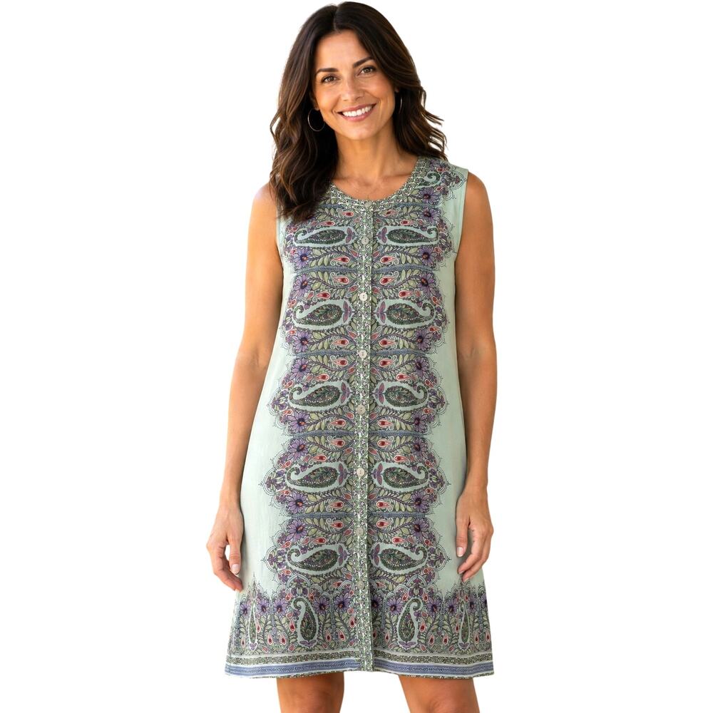 J. Jill Floral Paisley Tunic Dress Womens Medium Light Blue Button Sleeveless